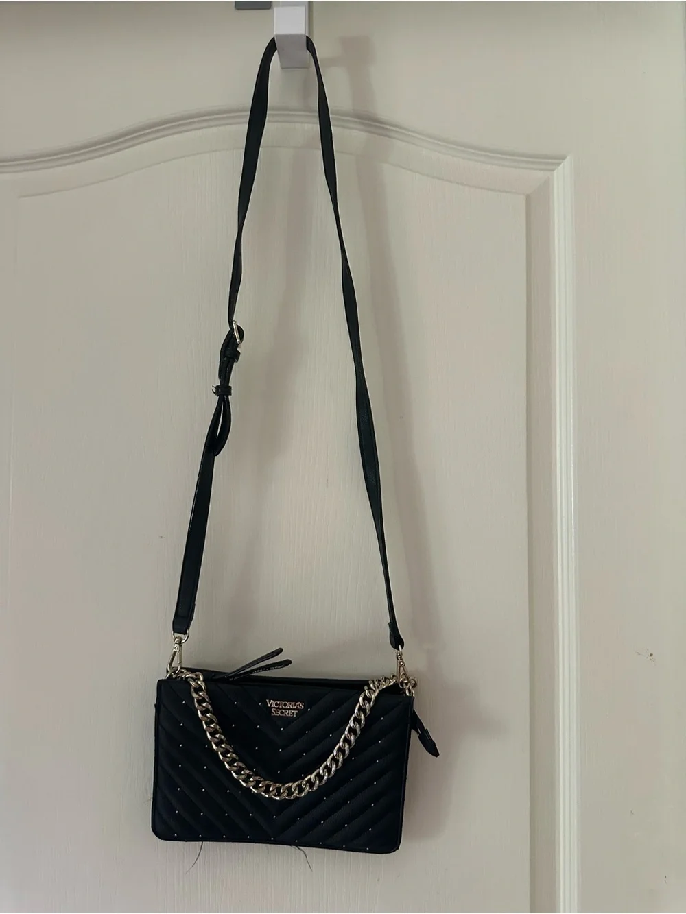 Victoria's Secret Black Quilted Crossbody with Gold Chain